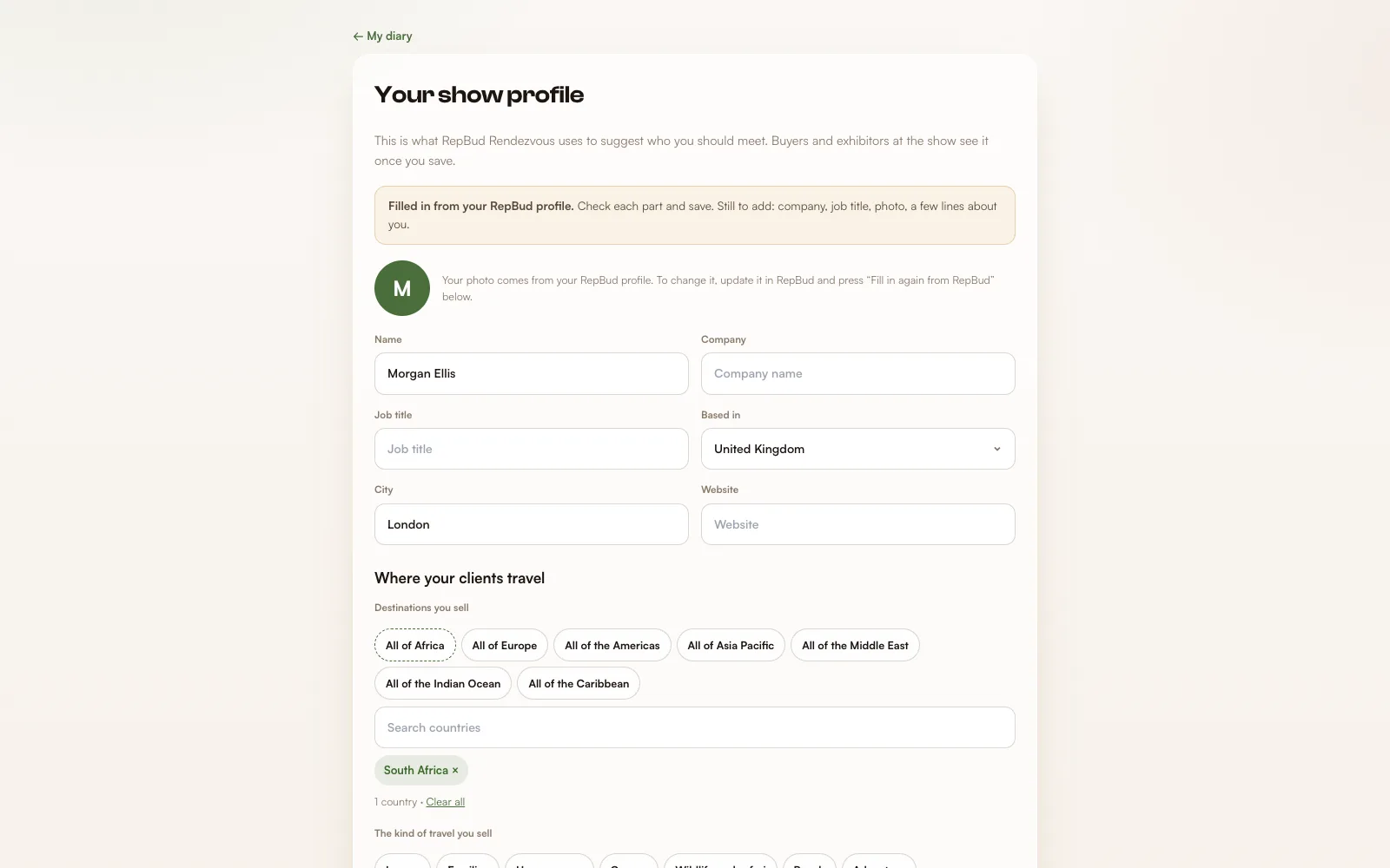 The buyer's show profile, with destinations and client types picked from lists