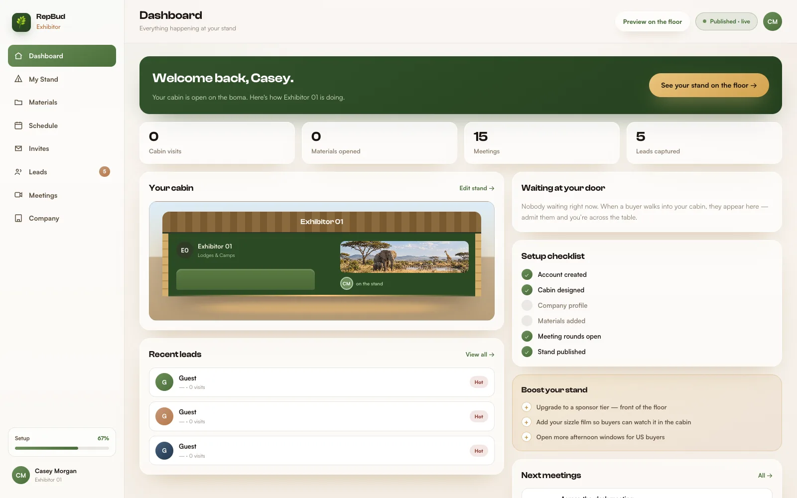 The exhibitor's back office dashboard, with the cabin setup checklist and meeting requests