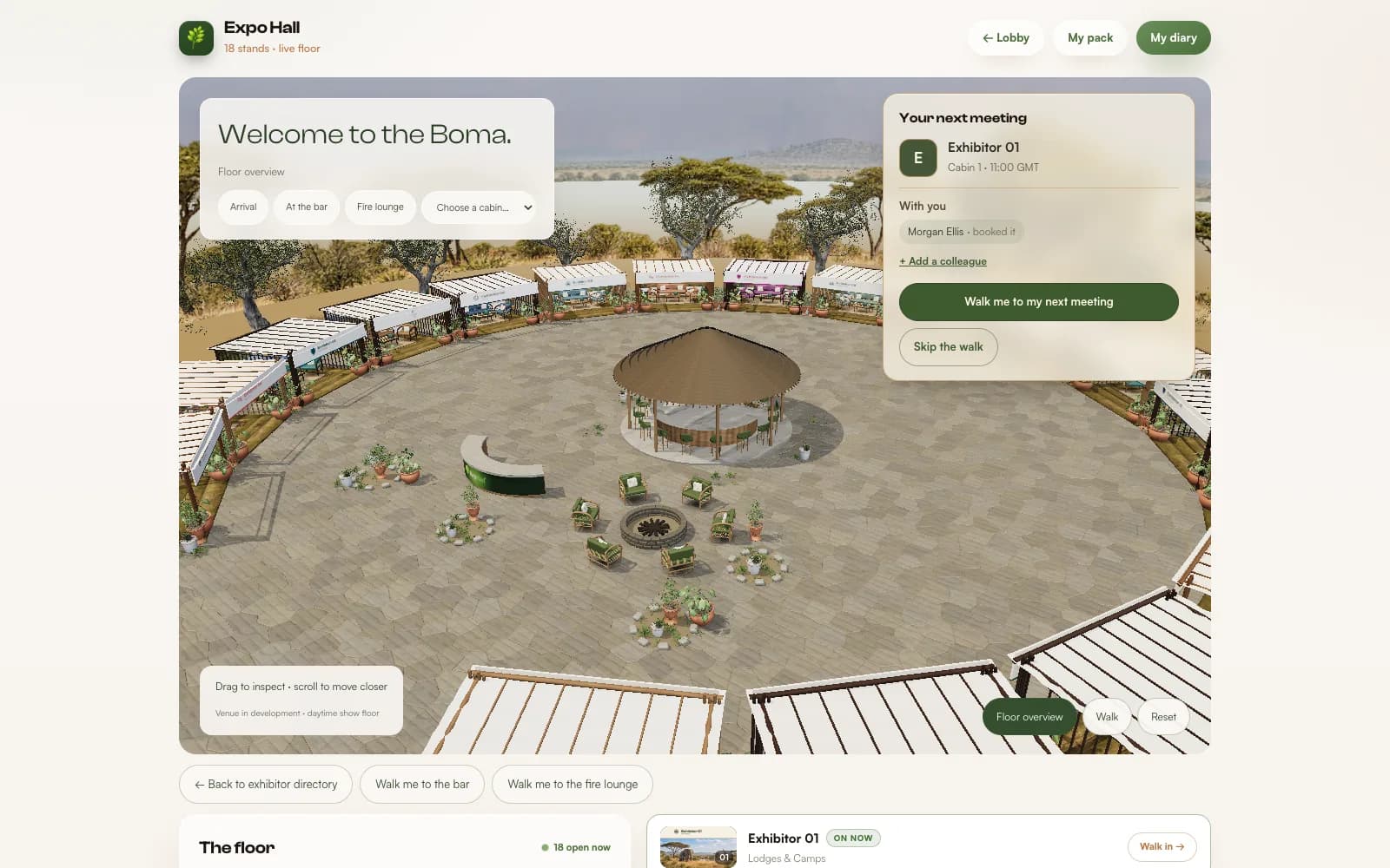 The Boma expo floor seen from above: a ring of branded bamboo cabins around a thatched bar, shown with sample exhibitors